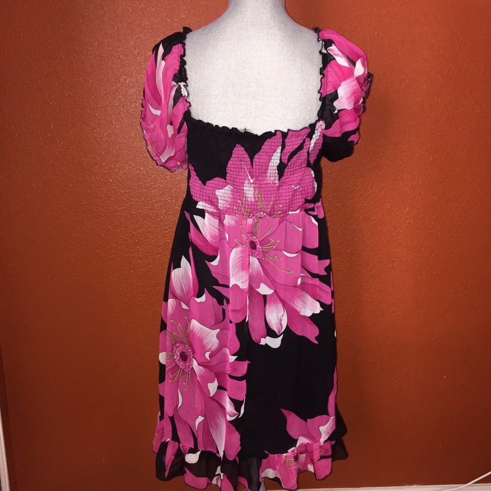 Okay ✔️ Black Pink Floral Chiffon Dress 40 - Picture 3 of 4