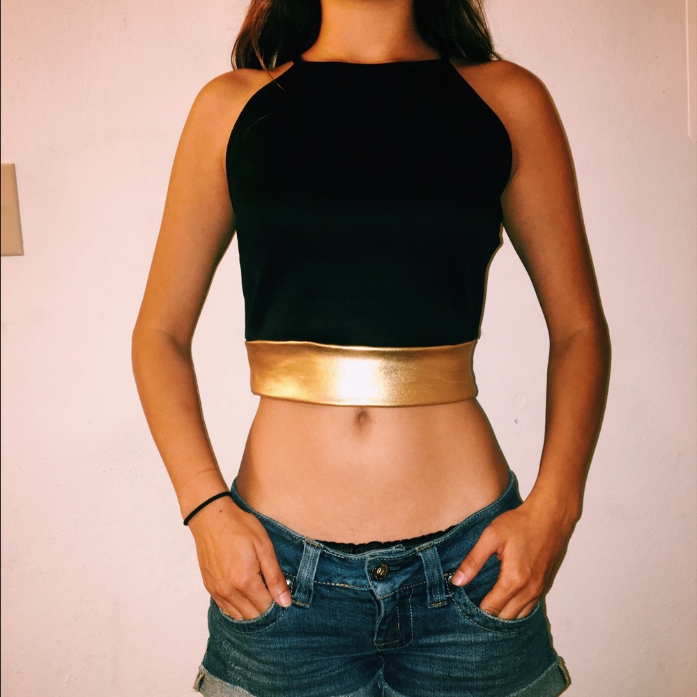 Dressy black crop top with gold trim