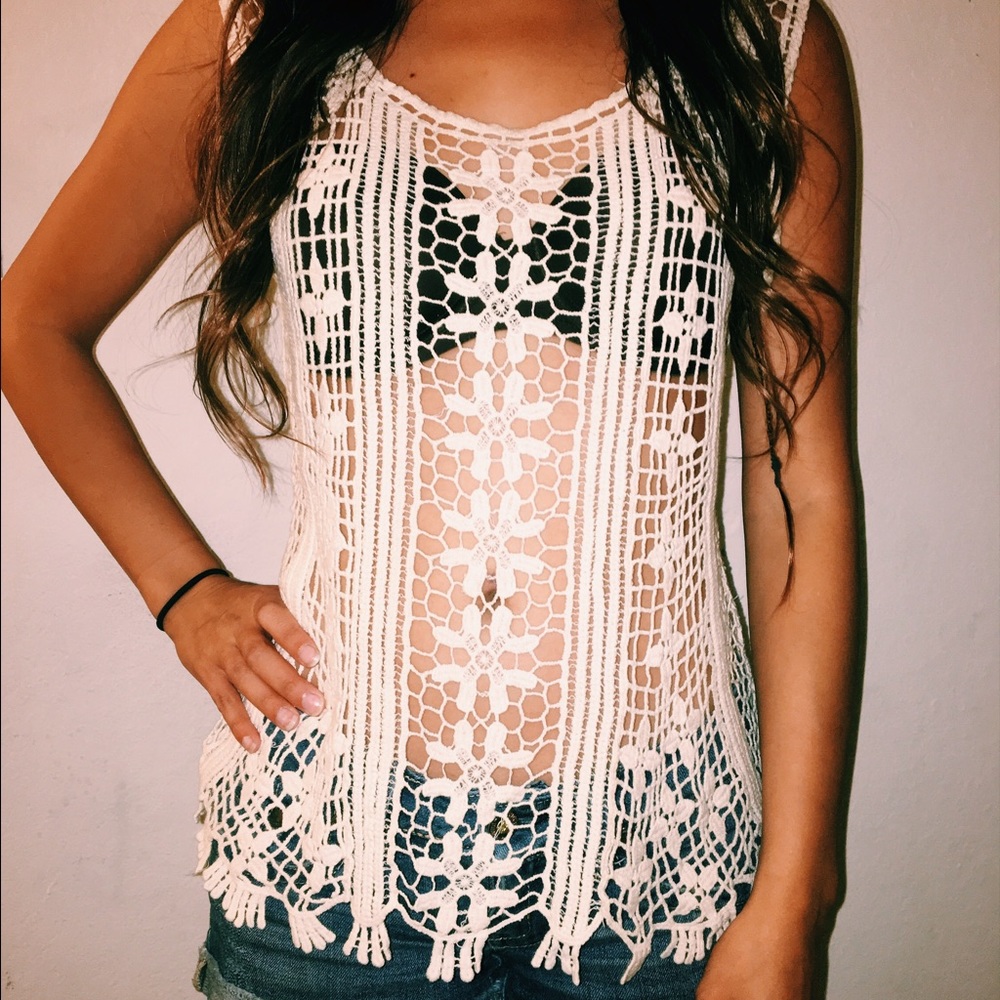 See-through white crochet tank