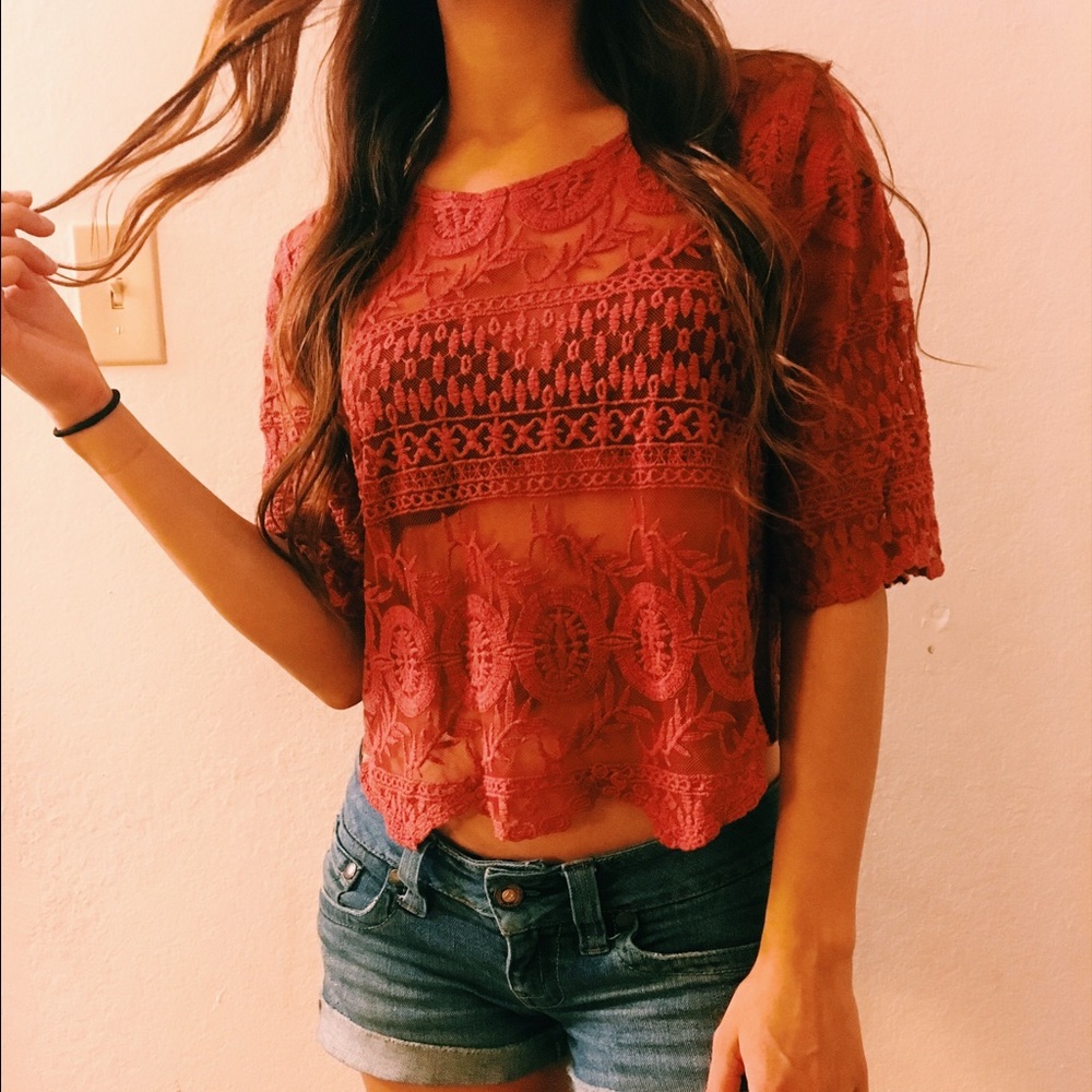 See-through red sheer crop top