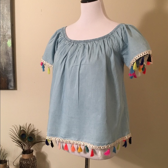 Boho Off The Shoulder Chambray Top - Picture 2 of 5