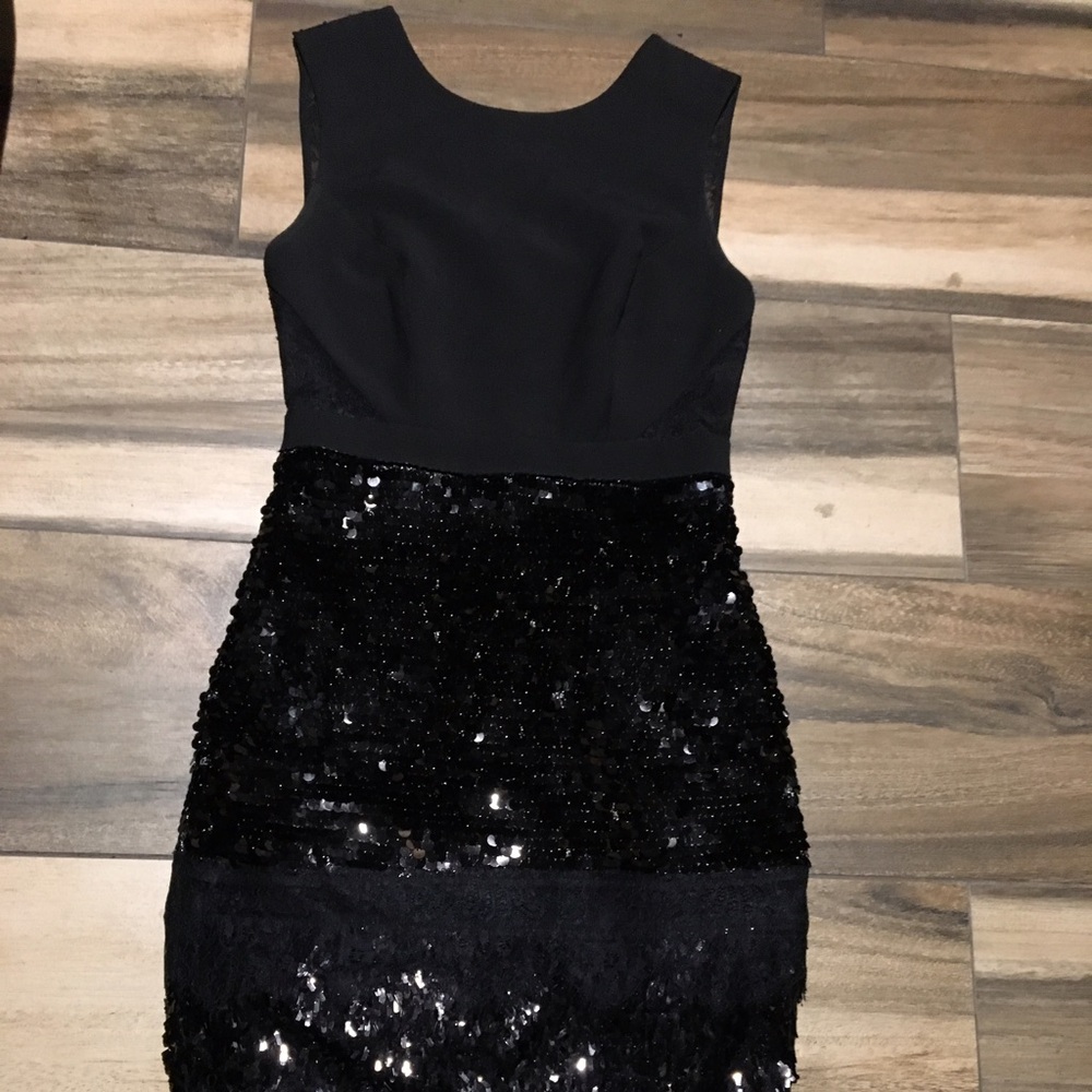 BCBG Black Laced and Sequenced Midi Dress