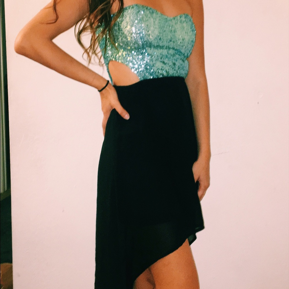 Strapless Turquoise Sequences Cut Out Maxi Dress