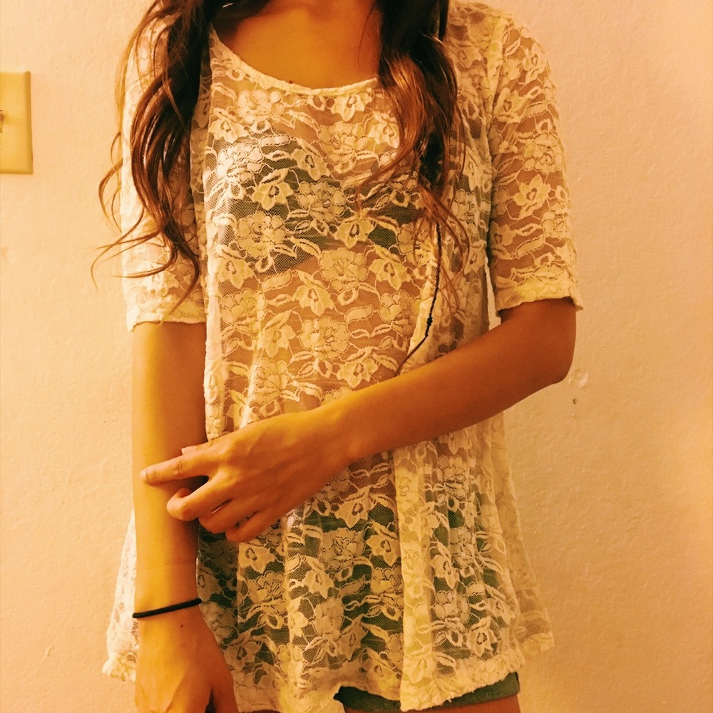 See-through white lace type quarter length top