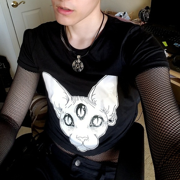 Black White Sphinx Cat Graphic Crop Tee Shirt M L - Picture 3 of 4