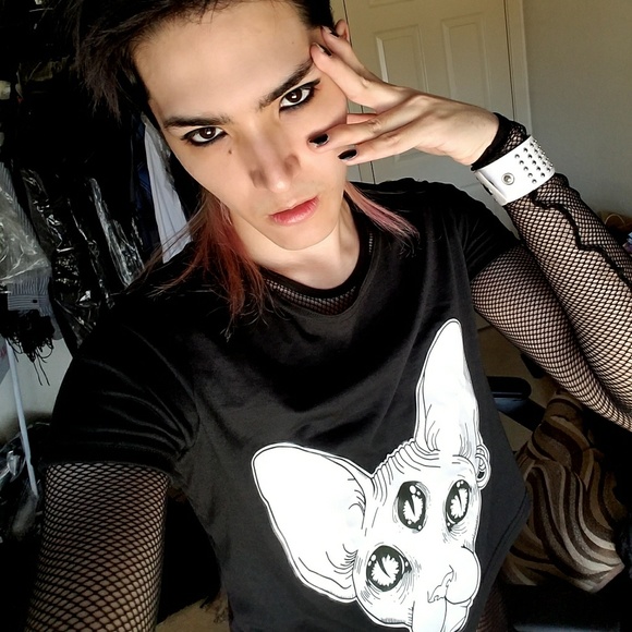 Black White Sphinx Cat Graphic Crop Tee Shirt M L - Picture 4 of 4