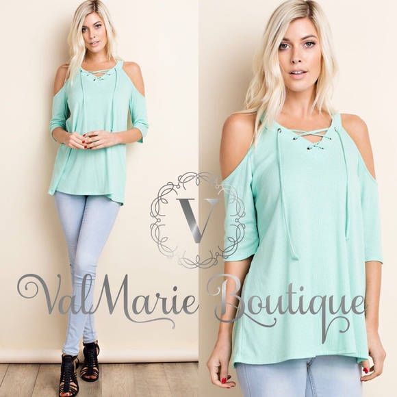 ‼️LAST 2 - COLD SHOULDER RIBBED LACE FRONT TOP - Picture 2 of 4