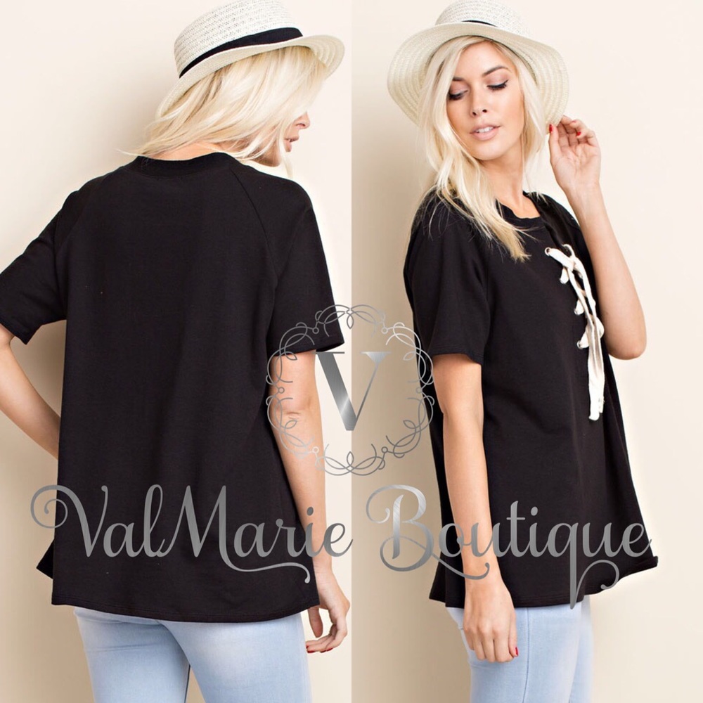 BLACK LACE UP TIE FRONT TOP - Picture 3 of 3