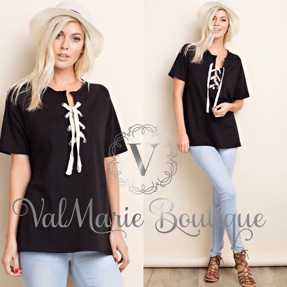 BLACK LACE UP TIE FRONT TOP - Picture 2 of 3