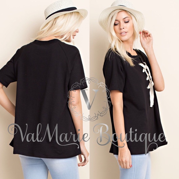 BLACK LACE UP TIE FRONT TOP - Picture 3 of 3