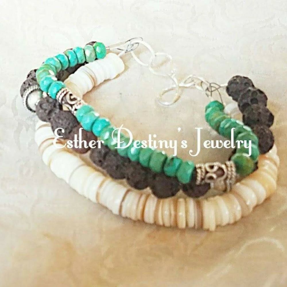Turquoise, Lava, Shell and 925 Silver Bangle