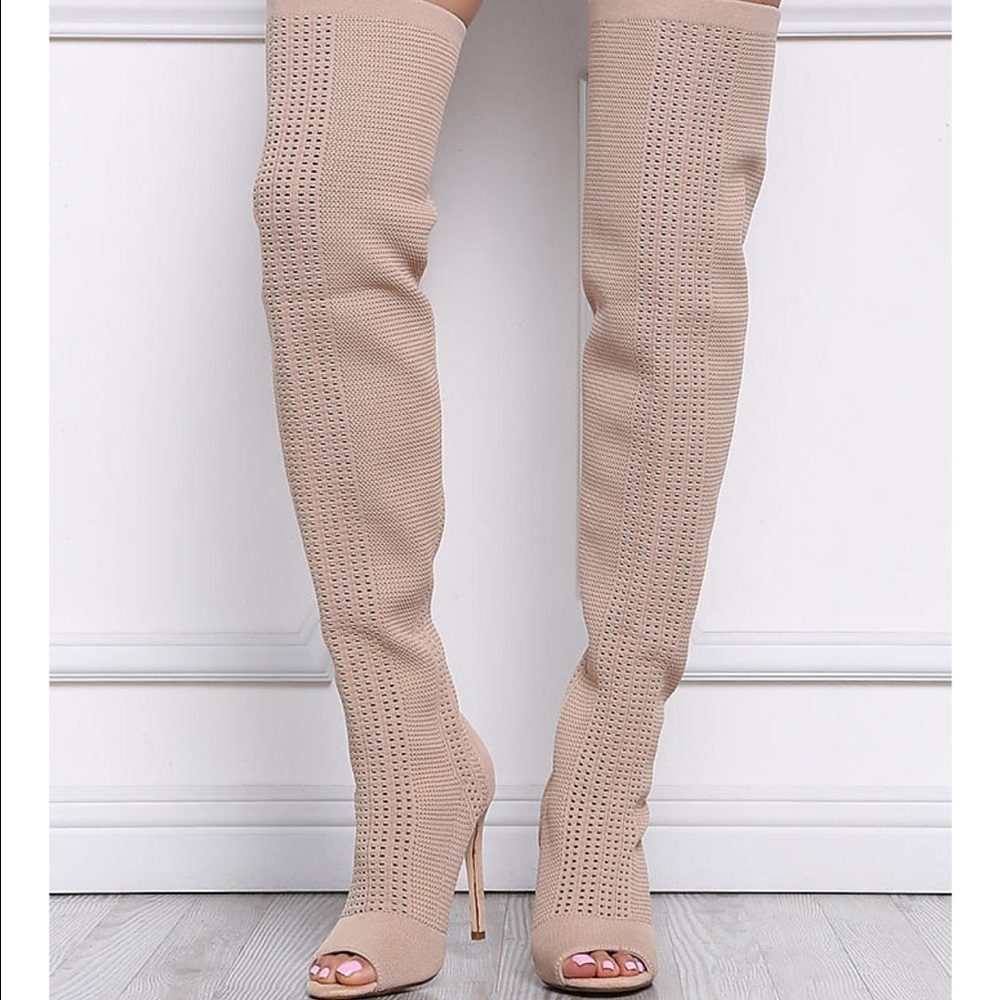 Nude thigh high knitted heeled boots