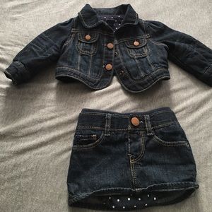 Dark denim skirt set.