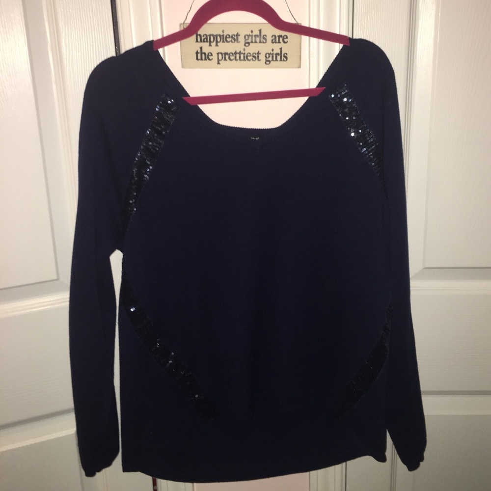 Navy Sequin embellished vneck sweater.