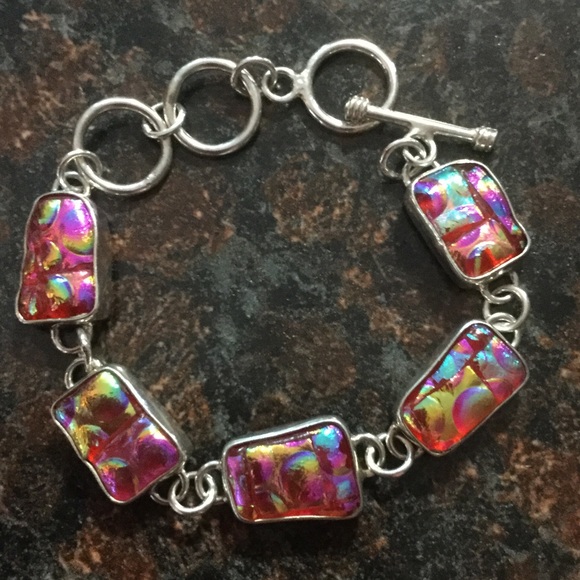 Estate Jewelry - Sterling Silver & Dichroic Art Glass Bracelet