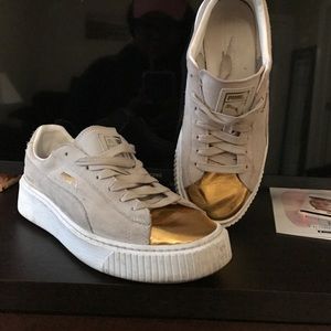 Puma suede platforms gold toe