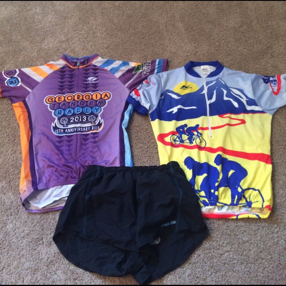 Two men's cycling jerseys plus shorts size large