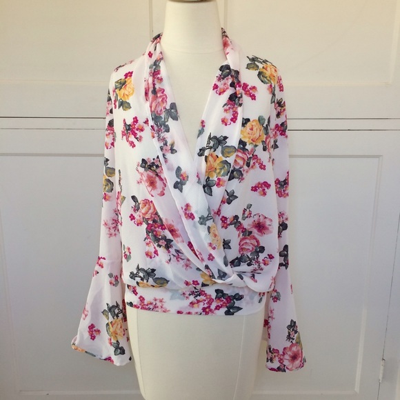 Bell Sleeve Pink Floral Wrap Top - Picture 3 of 8
