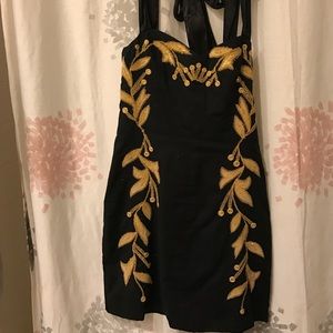 Free people leaf motif mini dress black and gold