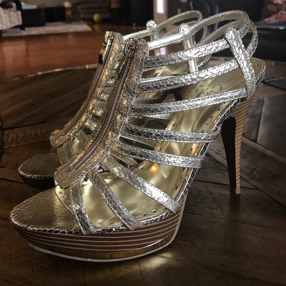 BCBG Paris Gold platform caged heels