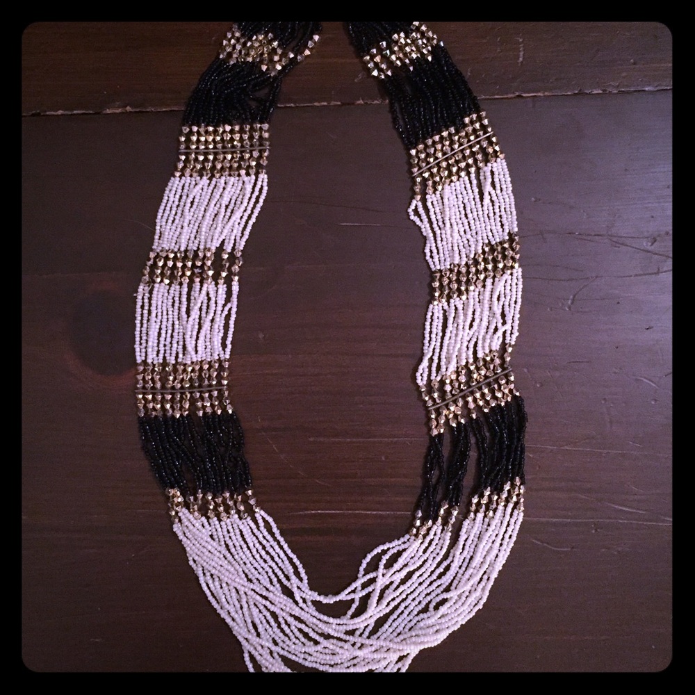 Long Black & White Beaded Statement Necklace