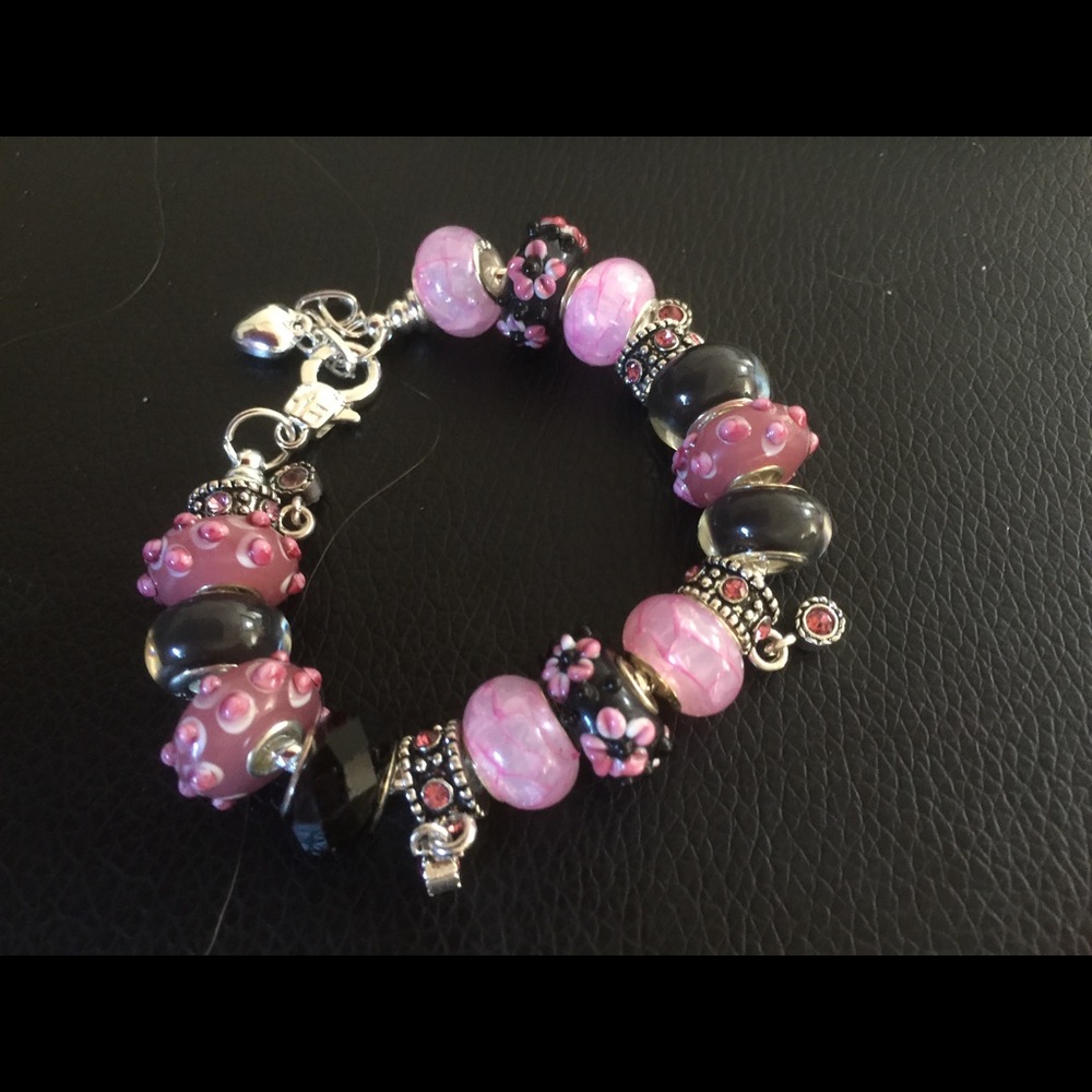 Murano bead silver bracelet with pink CZ dangles