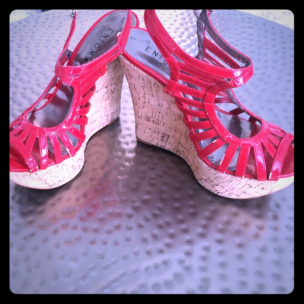 Enigma red patent cork wedge platform sandal