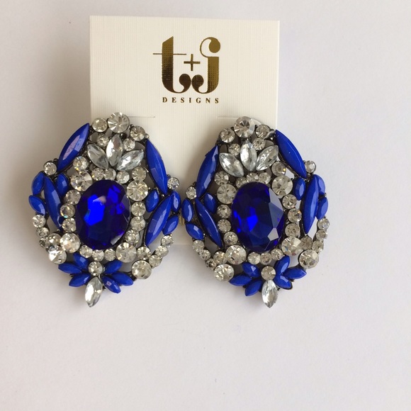 Clear crystal and royal blue statement earrings - Picture 3 of 6
