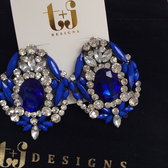 Clear crystal and royal blue statement earrings - Picture 2 of 6