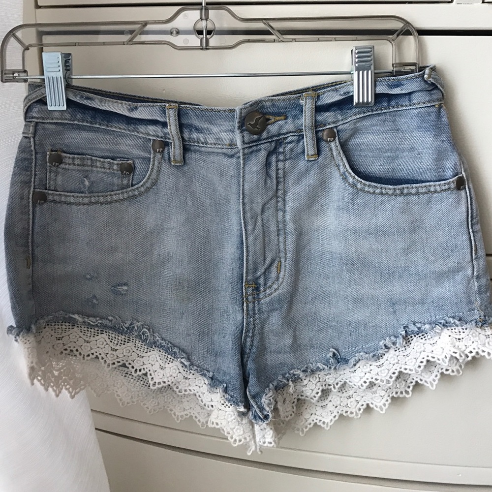 Free People Distressed Lace Denim Shorts