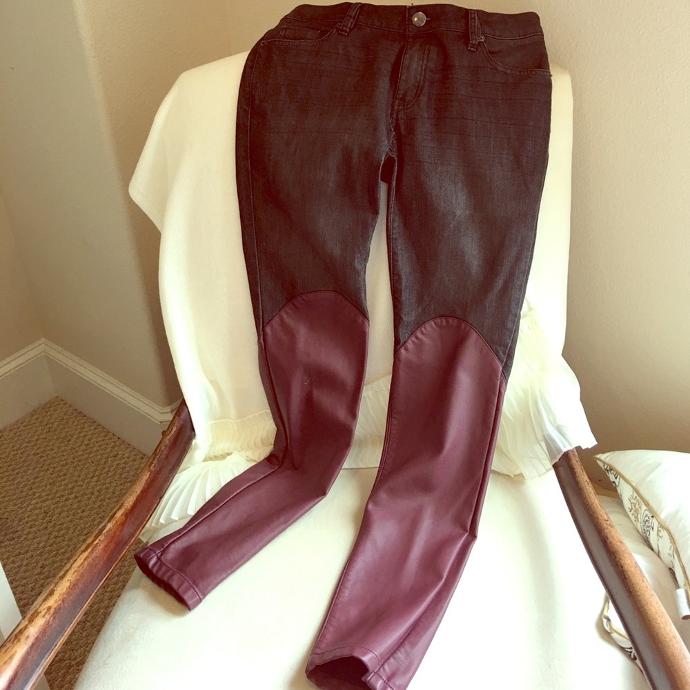 BCBG distressed black and faux leather jeans