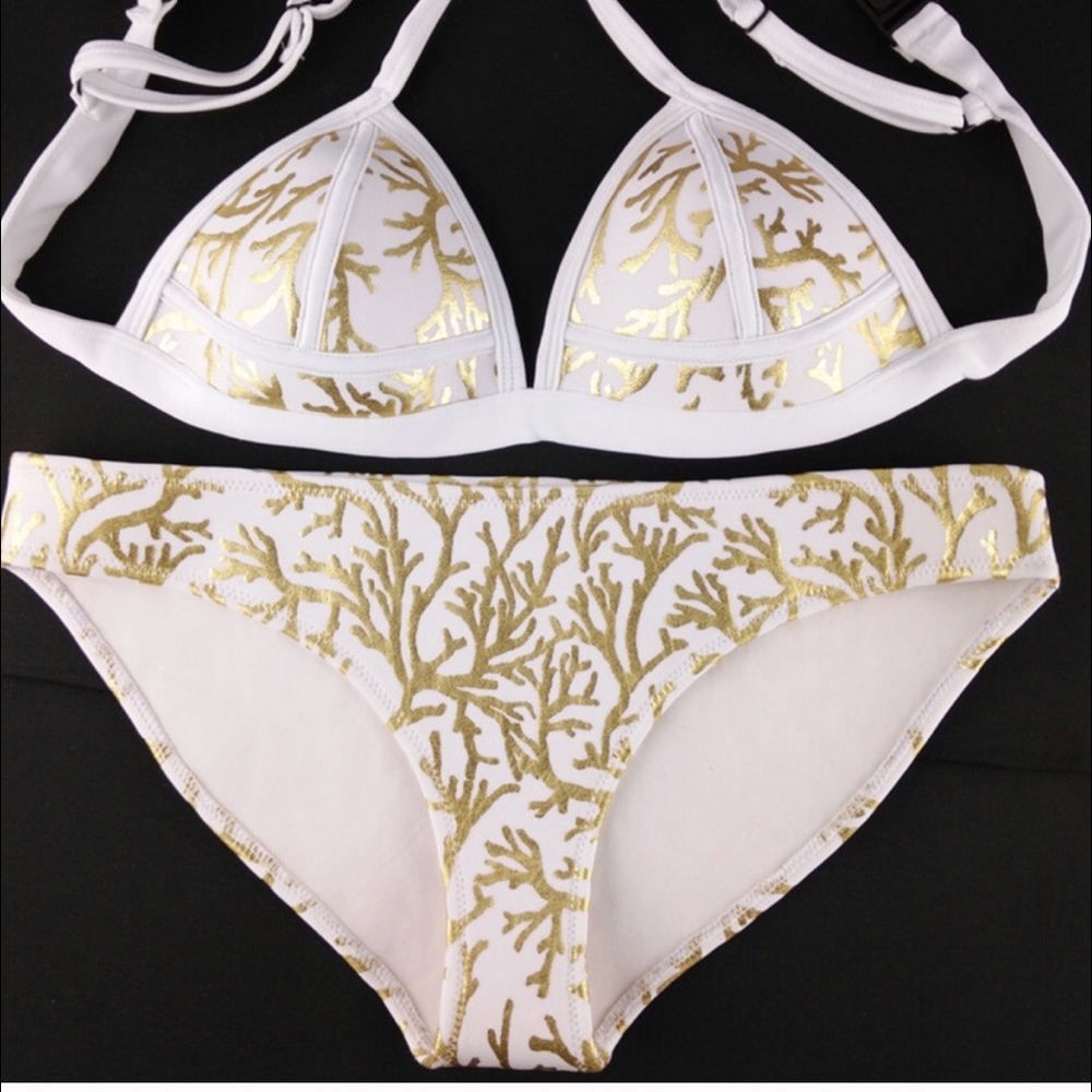 Gold coral neoprene bikini ships today