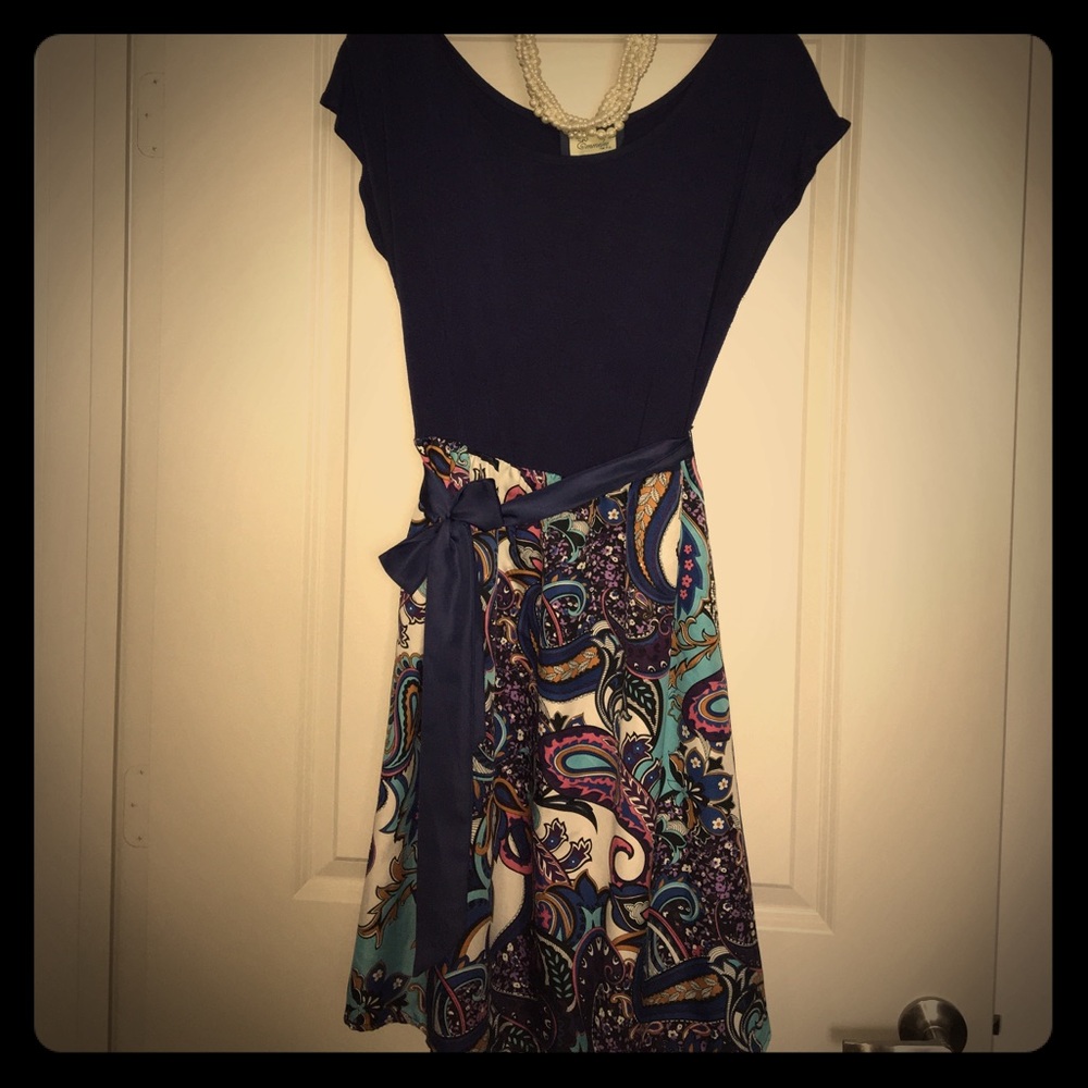 Navy top with print skirt dress