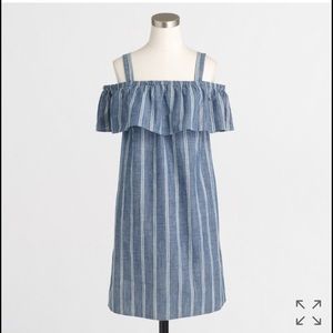 JCrew Striped Chambray Ruffle-neck dress