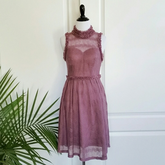 Minuet Dresses & Skirts - Mauve High Neck Ruffle Crochet Mesh Dress