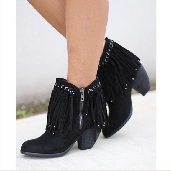 Black Fringe Boho Chic Booties - Picture 3 of 8