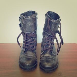 Steve Madden brown leather buckle combat boots