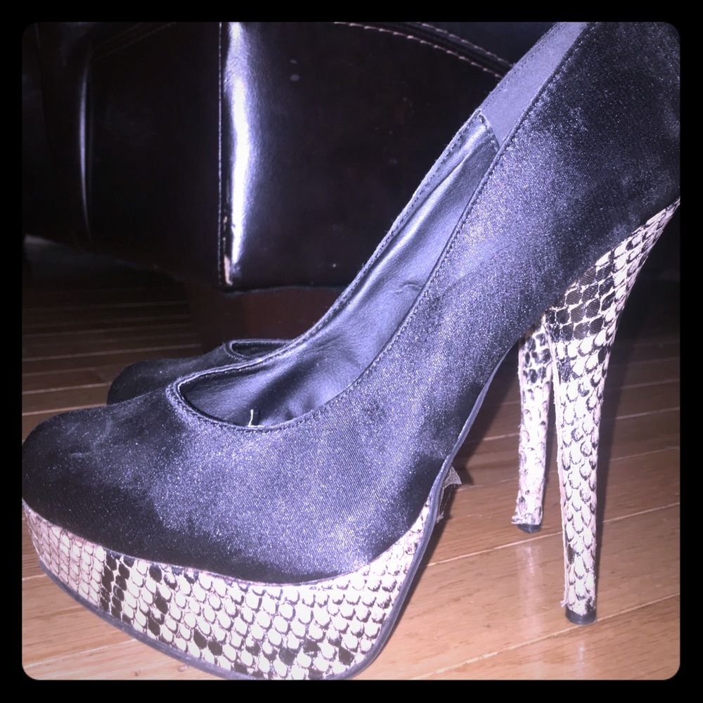 Black Satin / Snake Skin Heels