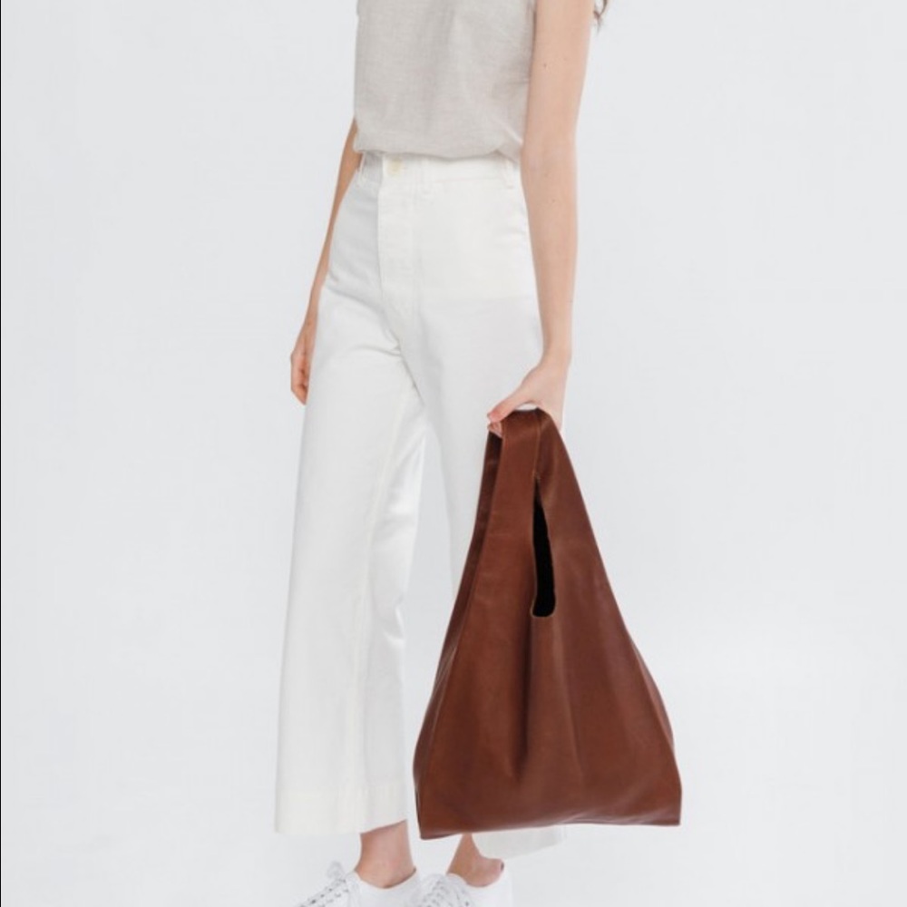 Baggu leather tote with small U Pouch in Molasses