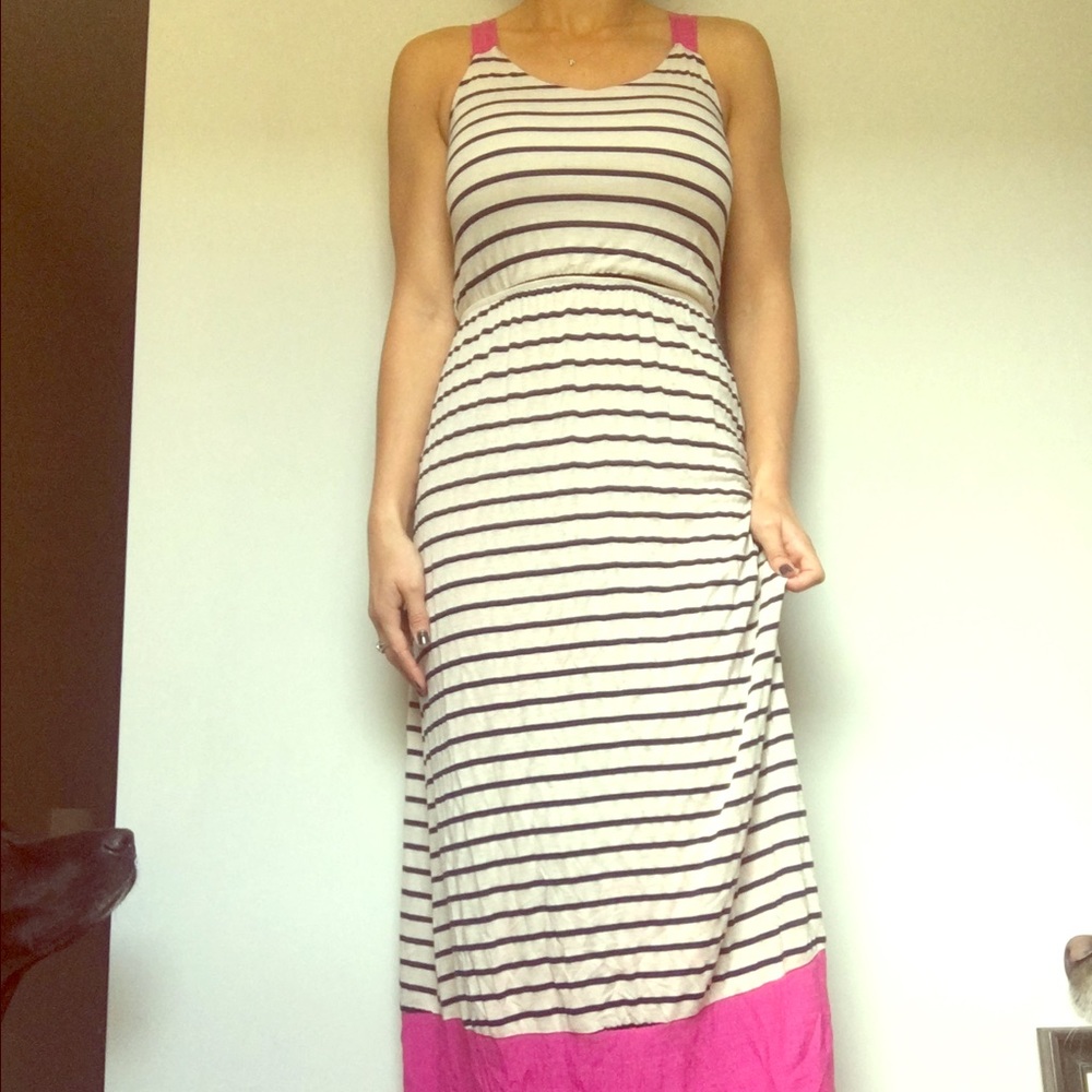 Maxi Dress- Navy & Creme stripes with pink