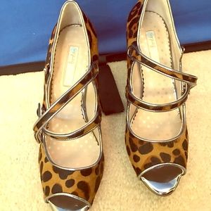 Tan Leopard Pony shoes , leather sole 4 inch heel