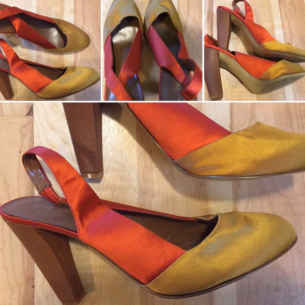 Nine West Orange and Gold Satin Pumps 9M