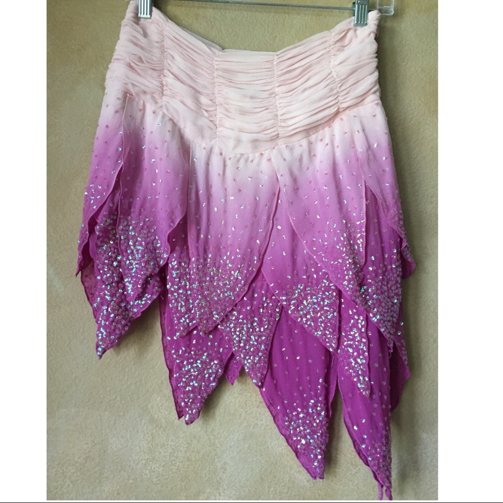 BEBE Sequin Ombré Asymmetrical Hem Silk Skirt XS