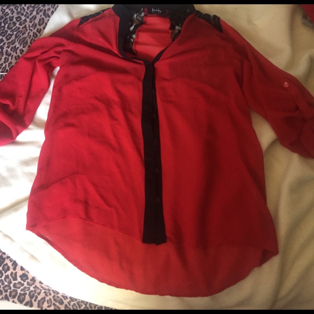 A red and black laced. See through long sleeve