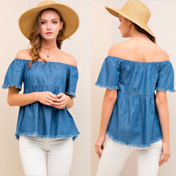 Denim Off the Shoulder Blouse - Picture 2 of 3