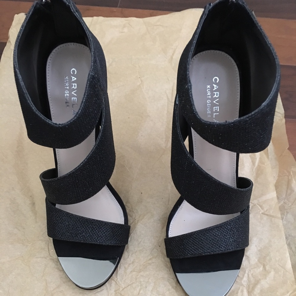 Black sparkly open toe heels