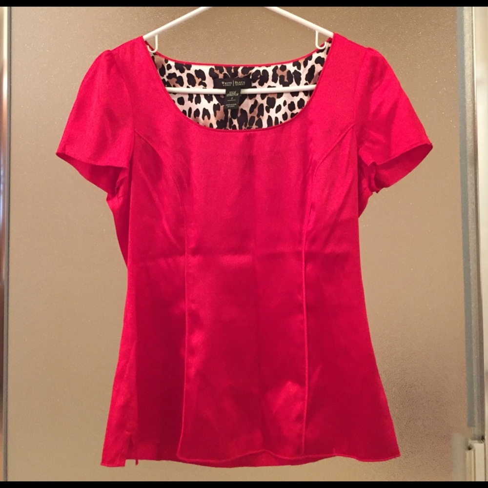 WHBM Bright Red Silk Short Sleeve Silk Blouse 2