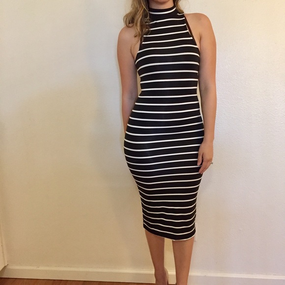 Black & White Striped High Neck Midi Dress - Picture 3 of 7