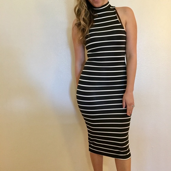 Black & White Striped High Neck Midi Dress - Picture 5 of 7