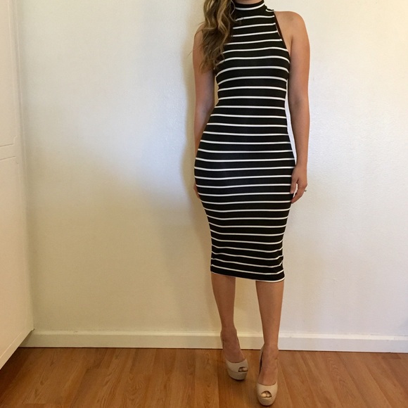 Black & White Striped High Neck Midi Dress - Picture 7 of 7
